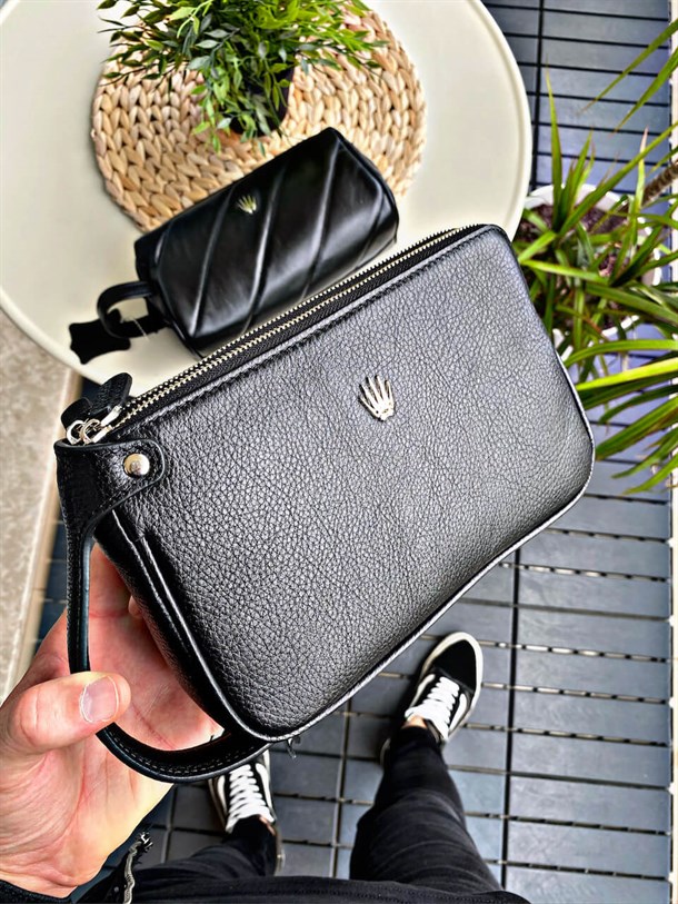 DOUBLE BLACK GENUINE LEATHER HAND BAGWALLETCÜZDAN & ELÇANTASIDBLEELCNTSDOUBLE BLACK GENUINE LEATHER HAND BAG