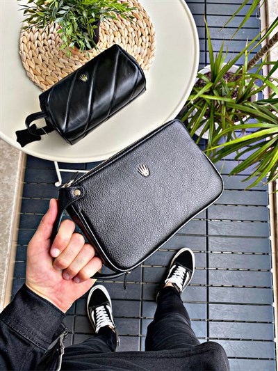 DOUBLE BLACK GENUINE LEATHER HAND BAGWALLETCÜZDAN & ELÇANTASIDBLEELCNTSDOUBLE BLACK GENUINE LEATHER HAND BAG